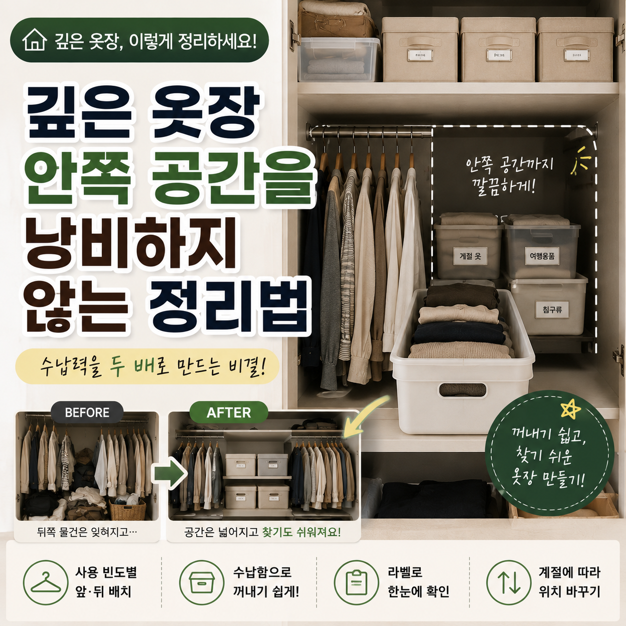 깊은 옷장 안쪽 공간 활용