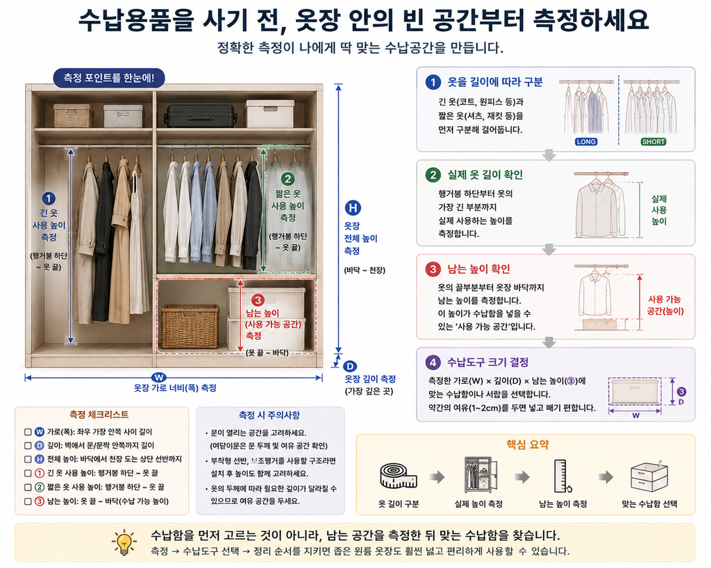 수납 용품 사기 전 옷장 안 공간 측정
