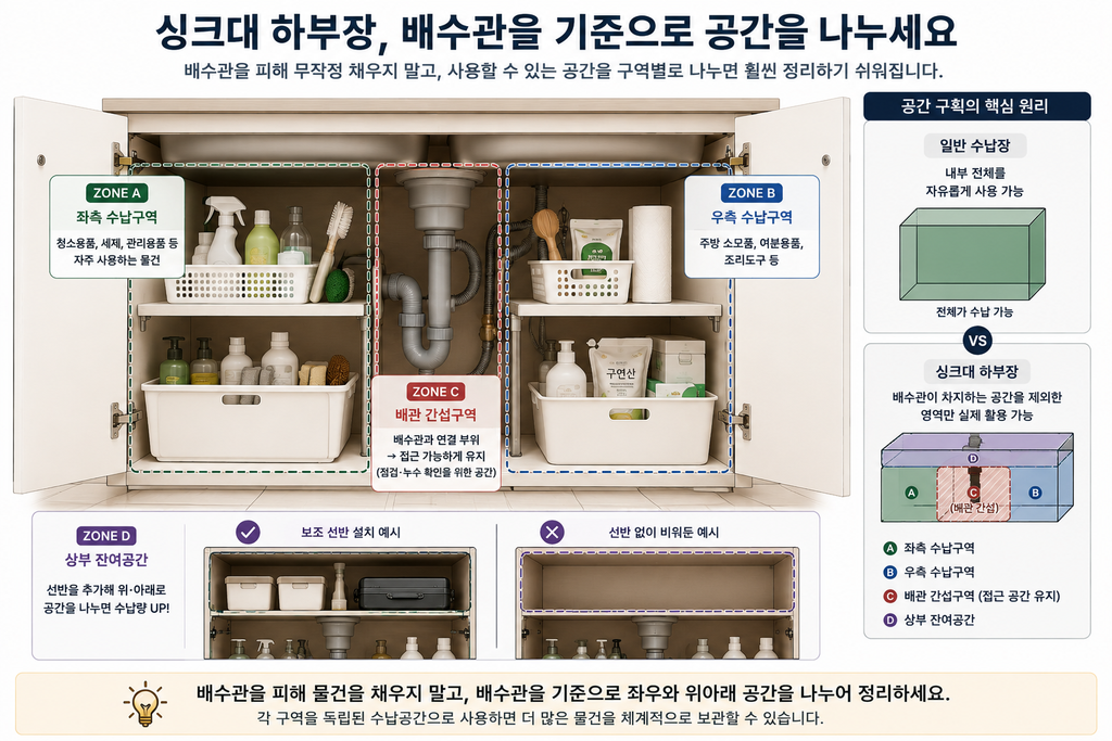 싱크대 하부장을 효율적으로 나누는 정리 방법 1 싱크대 하부장, 배수관을 기준으로 나누세