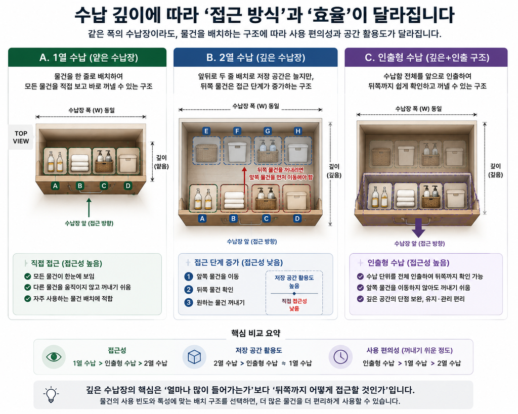 수납 깊이에 따른 접근 방식과 효율