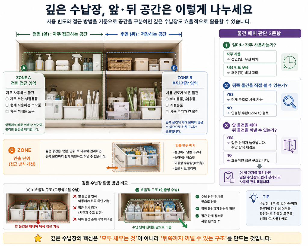깊은 수납장 앞 뒤 공간 나누기