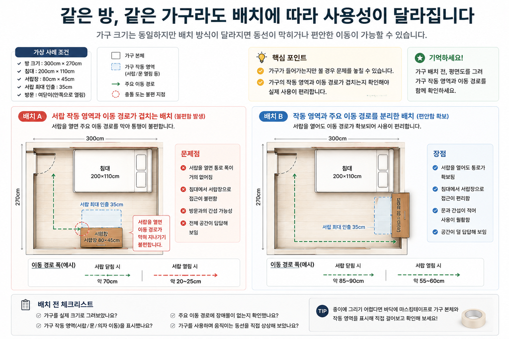 좁은 집 가구 배치에 필요한 최소 통로 폭은? 생활 동선을 방해하지 않는 공간 설계 1 배치에 따른 가구 사용성