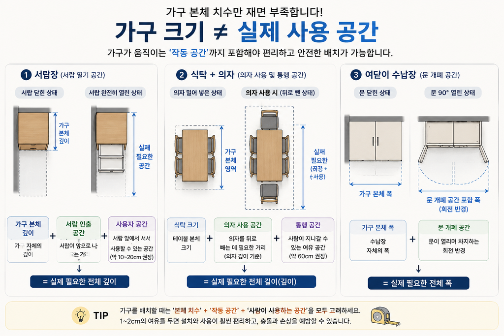 가구 치수와 실제 사용 공간 비교