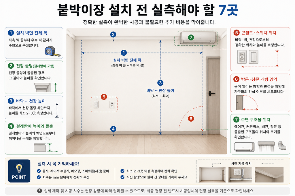 붙박이장 설치 전 실측 필요7 곳