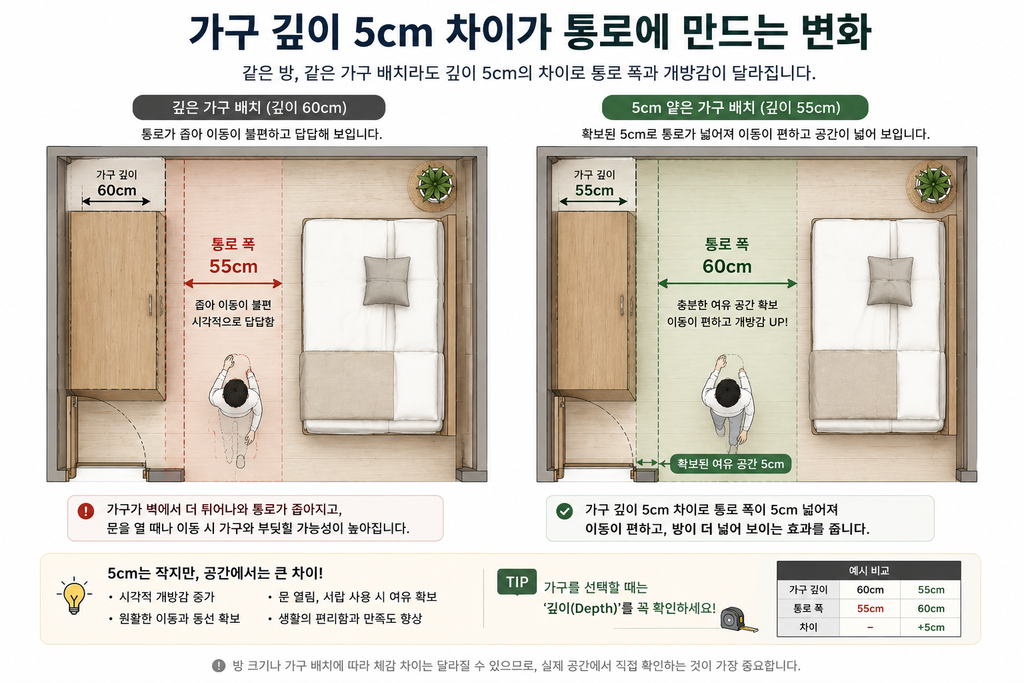 가구 깊이 차이와 통로