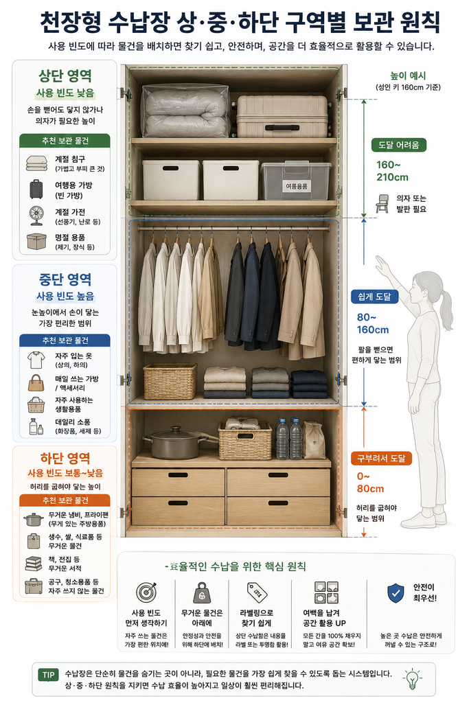 천장까지 수납장을 사용할 때 상·중·하단을 나누는 기준 1 천장형 수납장 상중하 구분