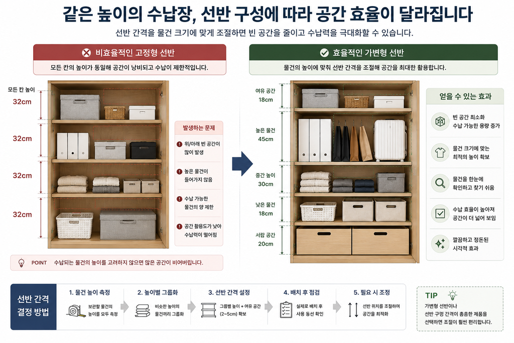 천장까지 수납장을 사용할 때 상·중·하단을 나누는 기준 2 선반 구성에 따른 효율성의 차이