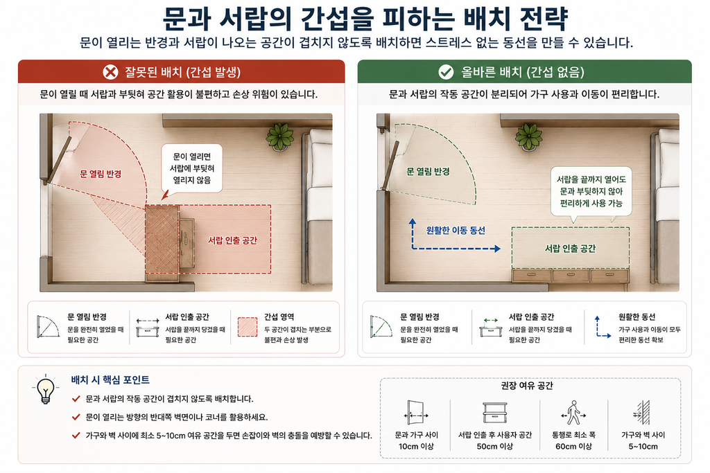 문과 서랍이 서로 부딪히지 않게 가구를 배치하는 방법 1 문과 서랍의 간섭을 피하는 배치 전