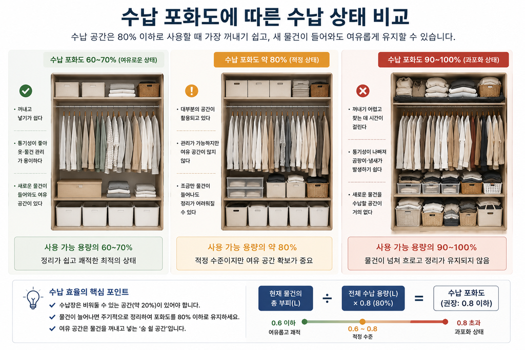 수납공간이 부족한지 계산하는 방법|물건 양과 수납 용량 비교하기 1 수납 포화도에 따른 수납 상태 비교