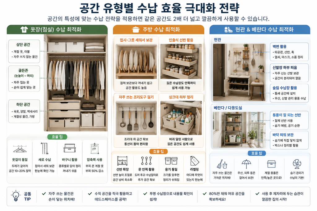수납공간이 부족한지 계산하는 방법|물건 양과 수납 용량 비교하기 2 공간 유형별 수납 효율 극대화 전략