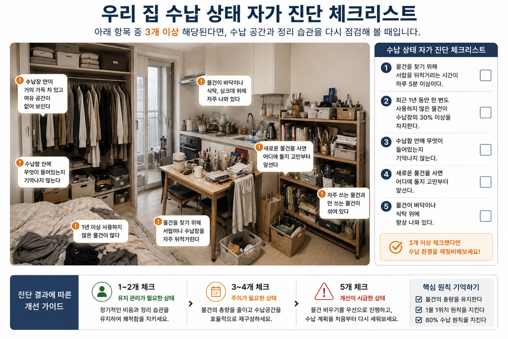 수납공간이 부족한지 계산하는 방법|물건 양과 수납 용량 비교하기 3 우리 집 수납 상태 자가 진단 체크리스트