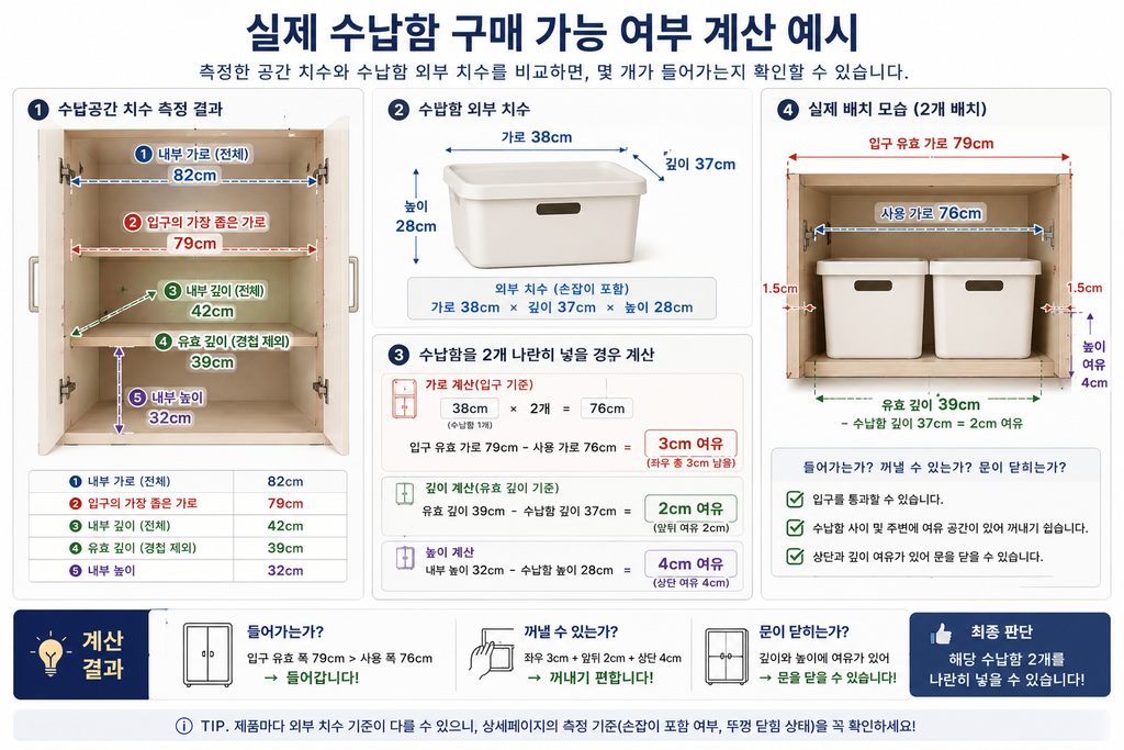 수납함 사기 전 꼭 재야 하는 치수 6가지|실패 없는 수납함 고르는 법 2 실제 수납함 구매 가능 여부 계산