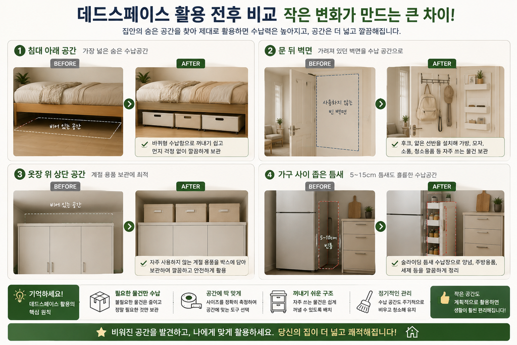 좁은 집에서 데드스페이스 찾는 방법|사용하지 않는 공간 점검표 3 데드스페이스 활용 전후