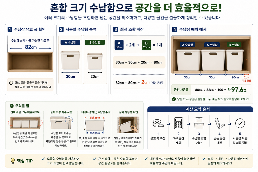 혼합 크기의 수납함으로 공간 활용하기