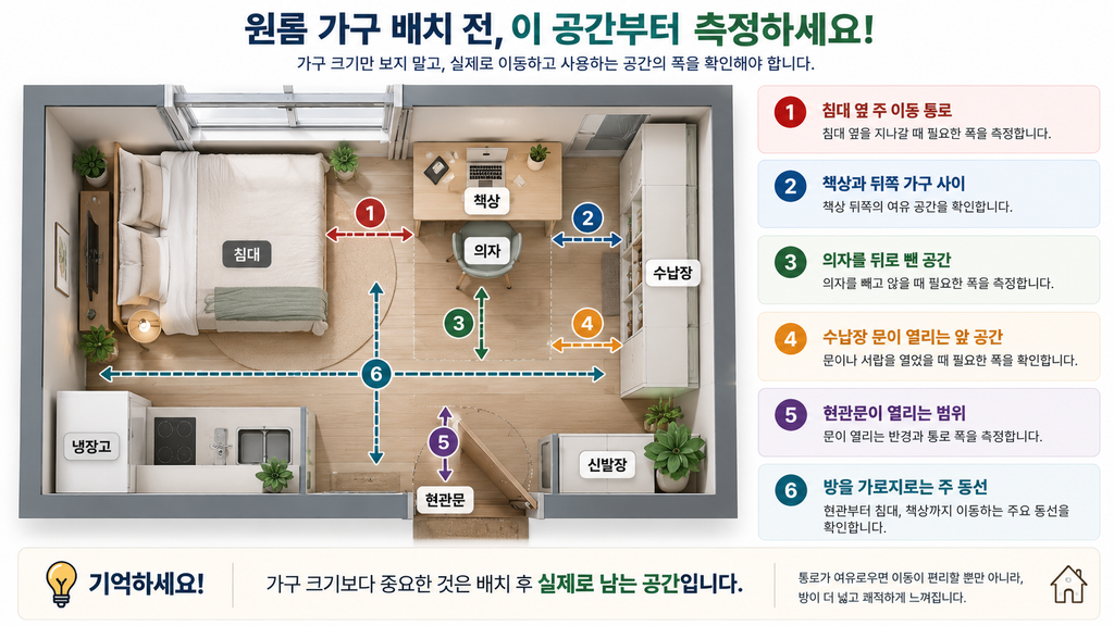 원룸 가구 배치 시 통로 폭 계산하는 방법|침대·책상·수납장 배치 기준 1 원룸 가구 배치 전 확인 공