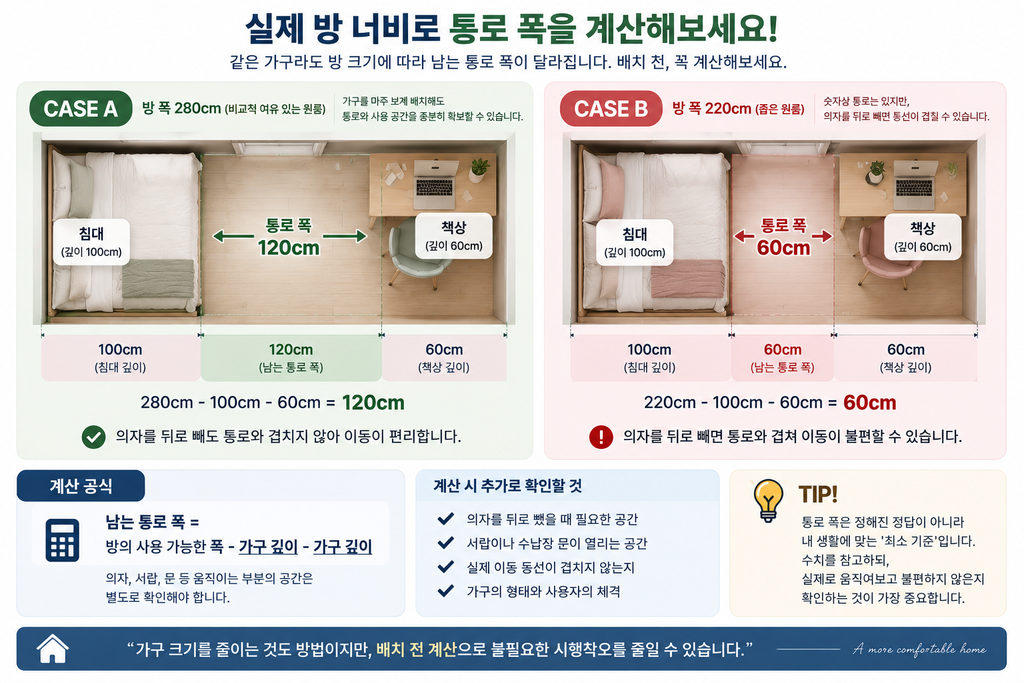 원룸 가구 배치 시 통로 폭 계산하는 방법|침대·책상·수납장 배치 기준 2 실제 방 너비로 통로 계산