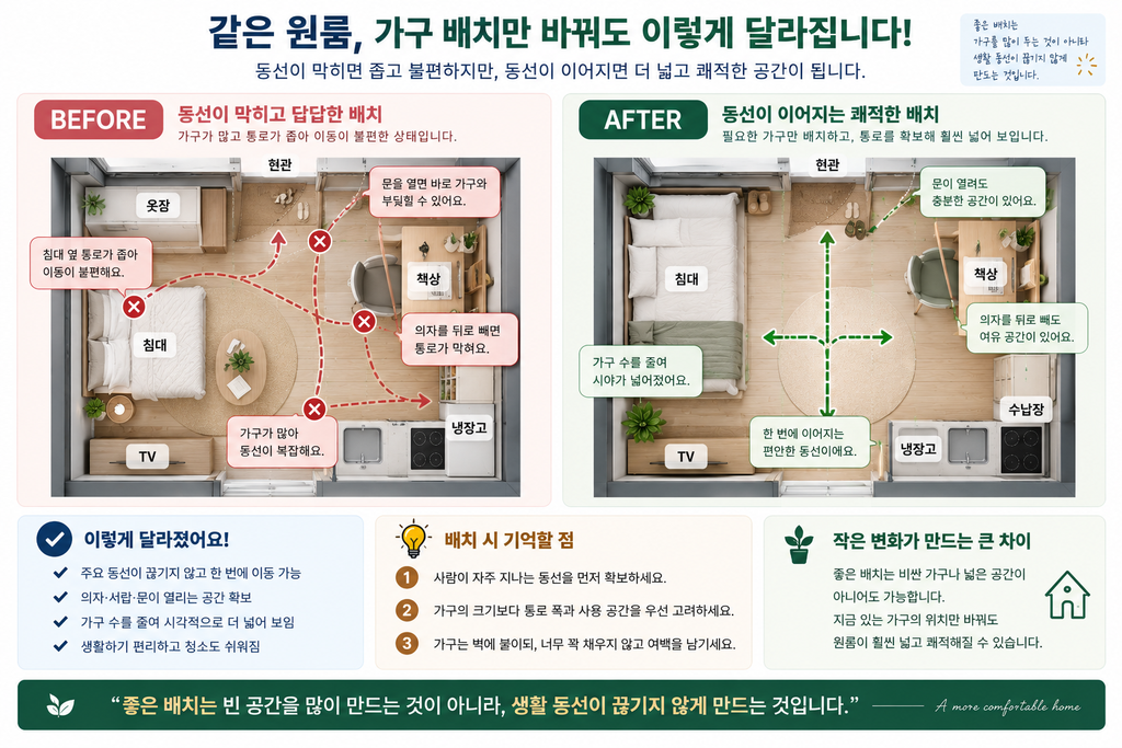 원룸 가구 배치 시 통로 폭 계산하는 방법|침대·책상·수납장 배치 기준 3 원룸 가구 배치