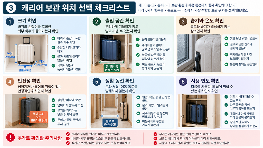 캐리어 보관할 곳이 없을 때|크기별 수납 위치와 주의사항 3 캐리어 보관 위치 선택 체크리스트