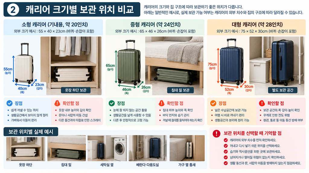 캐리어 보관할 곳이 없을 때|크기별 수납 위치와 주의사항 2 크기별 캐리어 보관 위치 비교